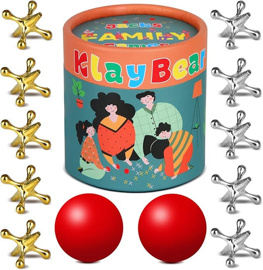 Jacks Game with Ball, Retro Vintage Jax Game for Kids and Adults, Classic Board Games with 10 Metal Jacks & 2 Red Rubber Balls, Old Fashion Traditional Table Games for Family Game Night