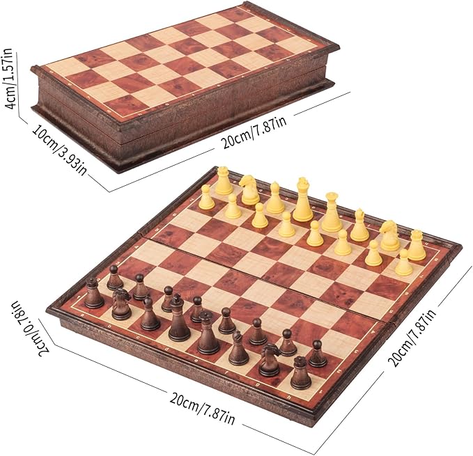 7.87 Inch Mini Magnetic Travel Chess Set, Walnut-Style - Small Portable Pocket Folding Chess Board Games, Ideal for Travel and Gifts