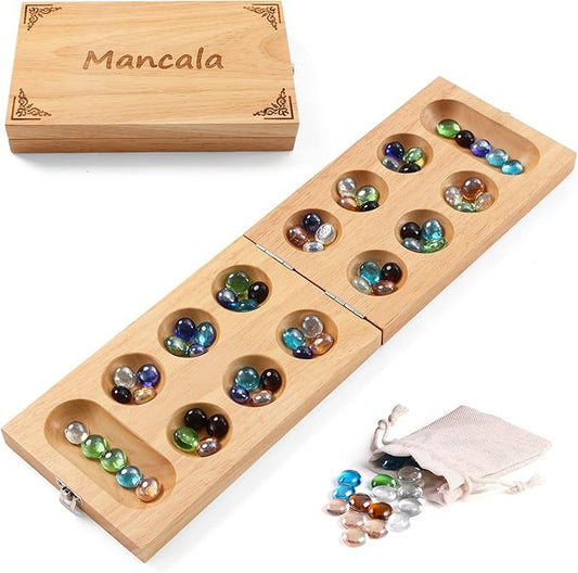 Mancala Board Game for Kids, Adults & Family. Includes Folding Rubber Wood Board, 48+10 Mancala Stones & Instruction. Classic & Portable Marble Game for Travel.(Natural Color)
