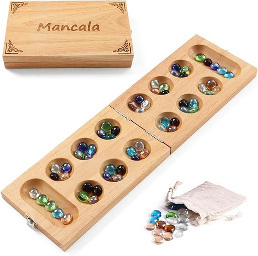 Mancala Board Game for Kids, Adults & Family. Includes Folding Rubber Wood Board, 48+10 Mancala Stones & Instruction. Classic & Portable Marble Game for Travel.(Natural Color)