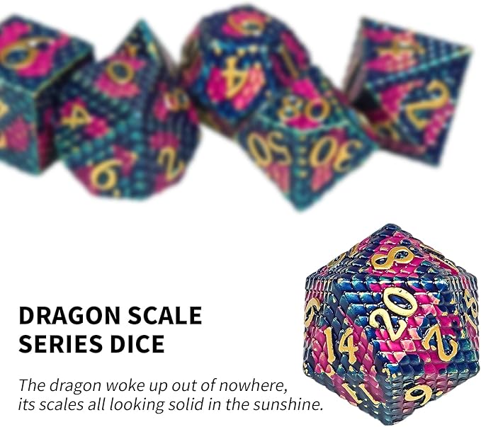 Metal DND Dice Set,Colorful Dragon Scales DND Dice 7-pcs Metal Polyhedral Dice Set for Dungeons and Dragons RPG MTG Table Games