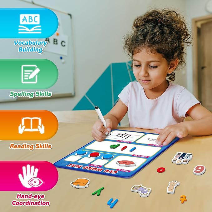 CVC Word Games,Phonics Games,Magnetic Letters & Dry Erase Board,Refrigerator Fridge Alphabet ABC Magnets for Kids Toddlers,Elkonin Box,Speech Therapy,Spelling Reading Manipulative Classroom