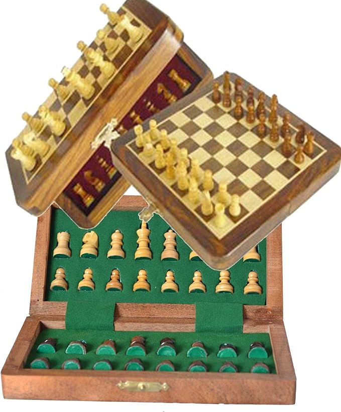 10x10” Chess Set Chess Set with Bag - Folding Standard Magnetic Travel Chess Board Game Handmade in Fine Rosewood with Storage for Chessmen