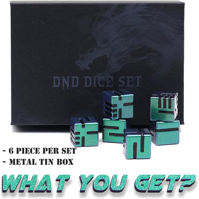 D6 Dice Set 6 Pcs 16mm, Cool Fancy 6 Sided Die Great Metal D6 for DND RPG Dungeons and Dragons (D6 Green Black)