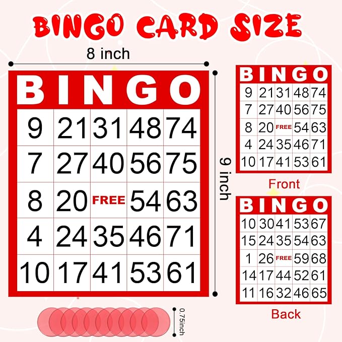 50 Sheets Double-Sided 8’’×9’’ Large Bingo Cards for Seniors Jumbo Bingo Cards and Chips Colorful Paper Sheets Deluxe Game Set with Colorful Transparent Chips Game Supplies for Adults Party Games