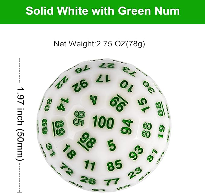 Upgraded D100 Die - 100 Sided Polyhedral Dice 50mm for D&D Games - Single Cube With Metal Storage Tin (White/Green Font)