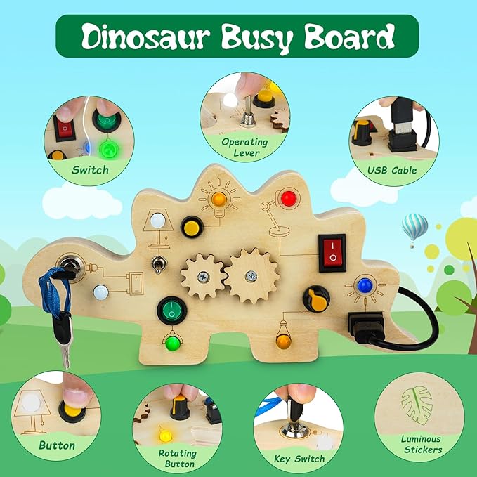 Toddler Busy Board, Montessori Toys for 1-3 Year Old, Wooden Busy Board with LED Light, Dinosaur Sensory Toys for Age 1-3, Boy & Girl Gift