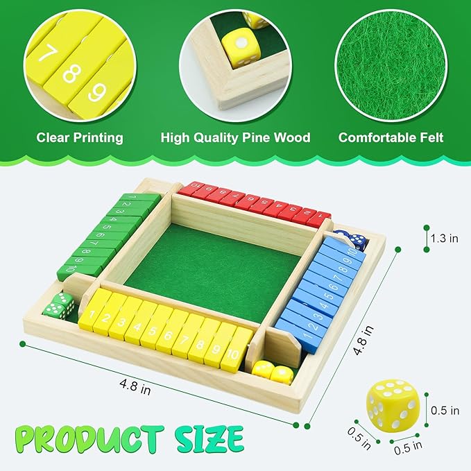 Shut The Box Game, Shut The Box Game Wooden, 2-4 Player Family Wooden Board Table Math Games for Adults and Kids, Board Games, Family Games, 8 Dices Classics Tabletop Games for Classroom, Home, Party