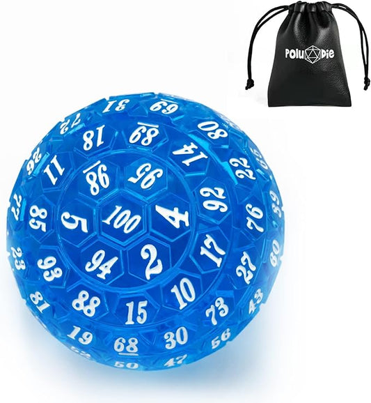 100 Sided Polyhedral Dice, Single D100 Game Dice, 100 Sided Cube with Black Pouch, D100 die 48 mm (Blue with White Number)