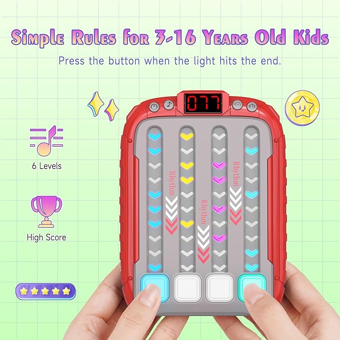 Rhythm Machine With Music and Light, Travel Handheld Puzzle Game, Fast Press Push Fidget Toy for Kids Aged 3-16 Years Old, AA Battery Operated