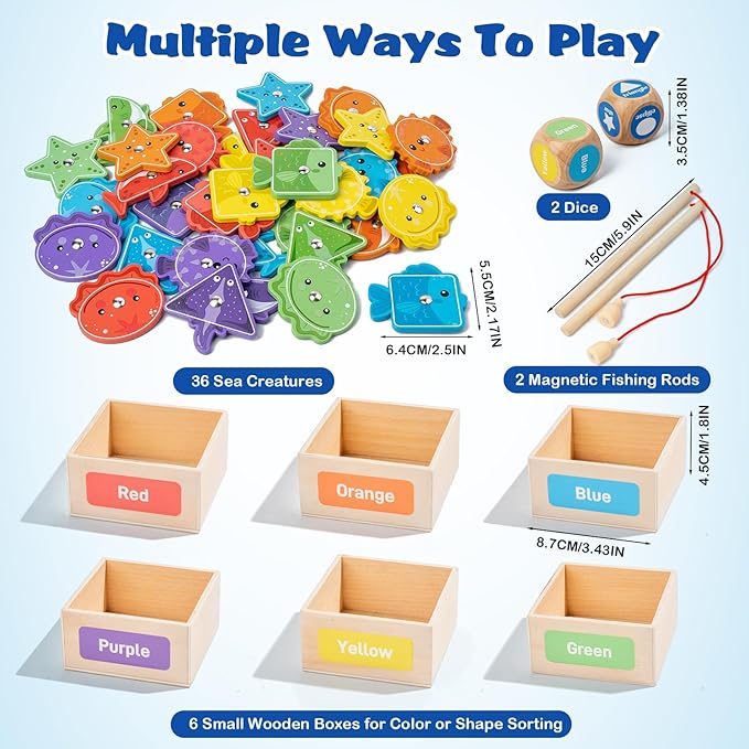Busy edition Montessori Toys for Toddlers 1-3, Wooden Magnetic Fishing Games for Kids 3-5, Color Sorting Educational Toy for 3+ Year Old Boys Girls, Preschool Learning Toys for Toddlers 2-4 Years