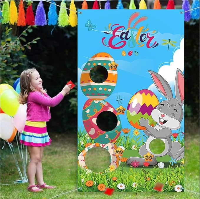 Easter Games, Funny Bunny & Egg Toss Game, with 4 Bean Bags, Premium Banner and Accessories, Easter Party Games for Kids Adults Family Outdoor, Party Activities Supplies