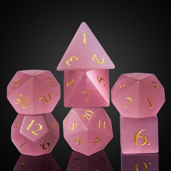 UDIXI Natural Gemstone Dice Set, 7PCS Crystal DND Dice for Dungeons and Dragons, Handmade Stone Dice for Table Games(Pink Cat's Eye)
