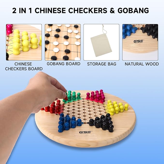 GSE Games & Sports Expert 11.5" Natural Wood 2-in-1 Chinese Checkers and Gobang Board Game Set with 66 Colorful Wooden Pegs and Stones, Classic Strategy Game for Kids & Adults