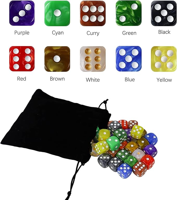 100 Pieces 16mm Opaque Acrylic Game Dice for Board Games, Dice Games, Math Games, with a Black Velvet Pouch, 10 Colorsoard Games Dice Games