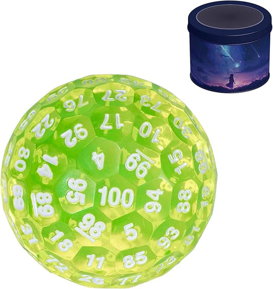 Upgraded D100 Die - 100 Sided Polyhedral Dice 50mm for D&D Games - Single Cube With Metal Storage Tin (T Yellow/White Font)