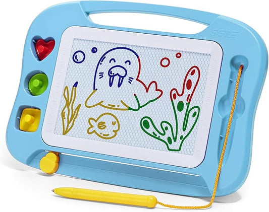 SGILE Magnetic Drawing Board for Kids, Colorful Erasable Doodle Board with Magnet Pen, Painting Sketch Pad with Three Stamps, Travel Toy, Birthday Gift, Educational Learning Toy for Toddlers, Light-Bl