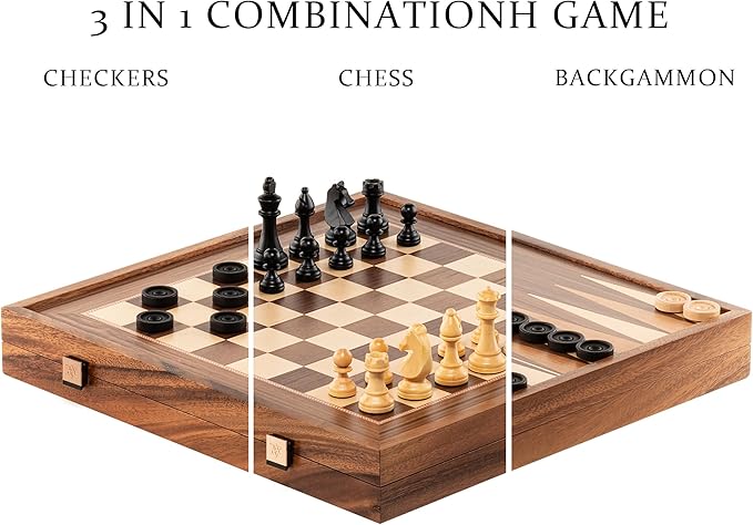 A&A 16.5 inch Deluxe 3 in 1 Wooden Backgammon Set-Chess Set with Checkers/ 3.0 inch King Height Staunton Chess Pieces