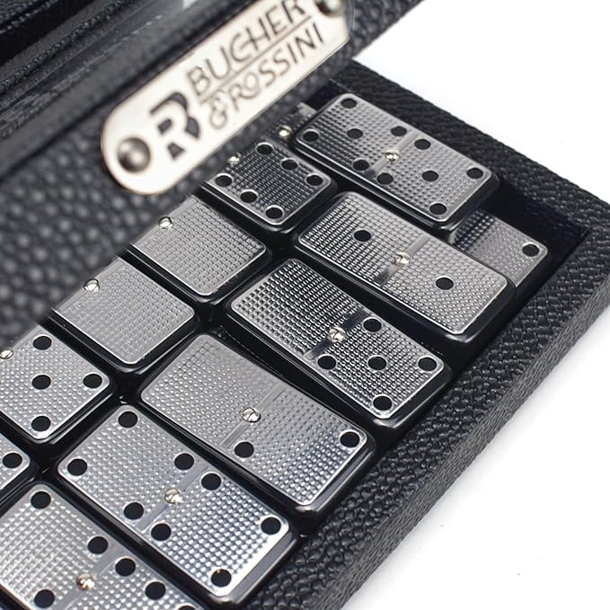 Bucher&Rossini Metal Surface Dominoes Set Double 6 - Claasic Black Domino's Game Set with Silver Metal Surface for Adults and Kids Ideal Gift for Domino Players or Family Game Night