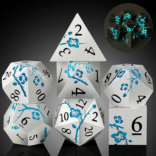 Glow in The Dark Flower Metal Dice, DNDND 7 PCS Blue Metallic D&D Dice Set with Gorgeous Gift Case for Dungeons and Dragon Tabletop Game (Glow in The Dark Blue)