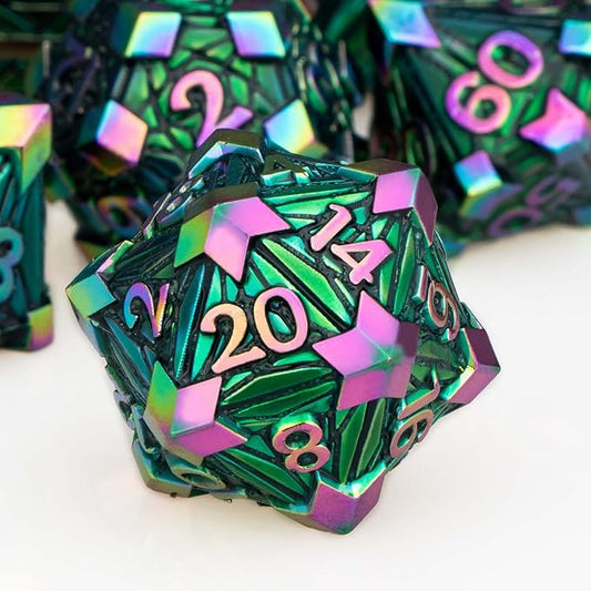 7PCS Metal DND Dice Set with Box, Debris RPG Red D and D Dice for use with D&D Tabletop Games Role Playing Game Polyhedral Dice Set D20 D12 D10 D8 D6 D4
