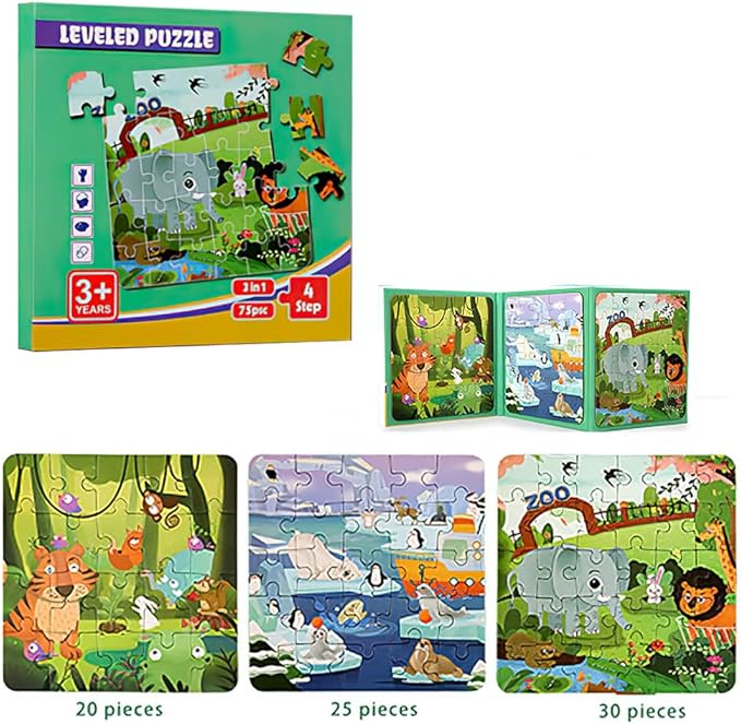 Magnetic Puzzles for Kids Ages 3-5, 3 in 1 Animal Magnet Jigsaw Puzzle Book for Toddlers, Car Airplane Road Trip Activities Toys for 3 4 5 6 Year Old Girls Birthday (Animal)