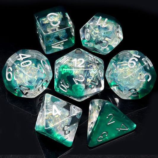 Haxtec Resin DND Dice Set 7PCS Green Clear Mylar Galaxy Polyhedral D&D Dice for Roleplaying Dice Games as Dungeons and Dragons
