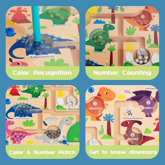Magnetic Color & Number Maze, Montessori Wooden Color Matching Learning Counting Puzzle Board, Toddler Fine Motor Skills Toys for Boys Girls 3 4 5 Years Old - Dinosaur