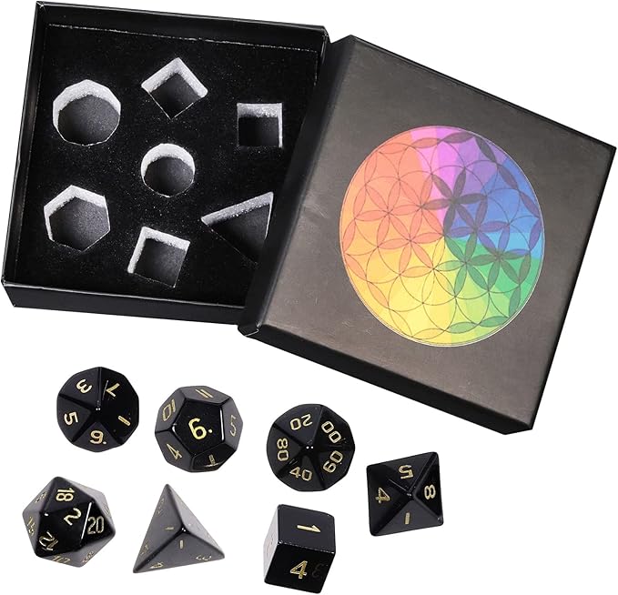 TUMBEELLUWA Engraved Crystal Stone Polyhedral Dice Set for RPG MTG Dungeons and Dragons Table Game 7 Pieces DND Board Game Dices with Pouch, Black Obsidian