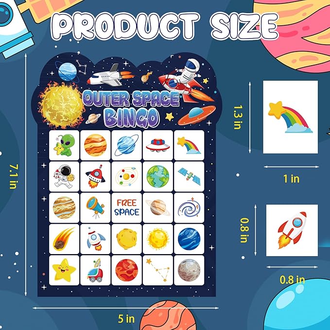 Space Bingo Game, 24 Players Outer Space Bingo Cards for Birthday Party Family Friends Large Group Activities