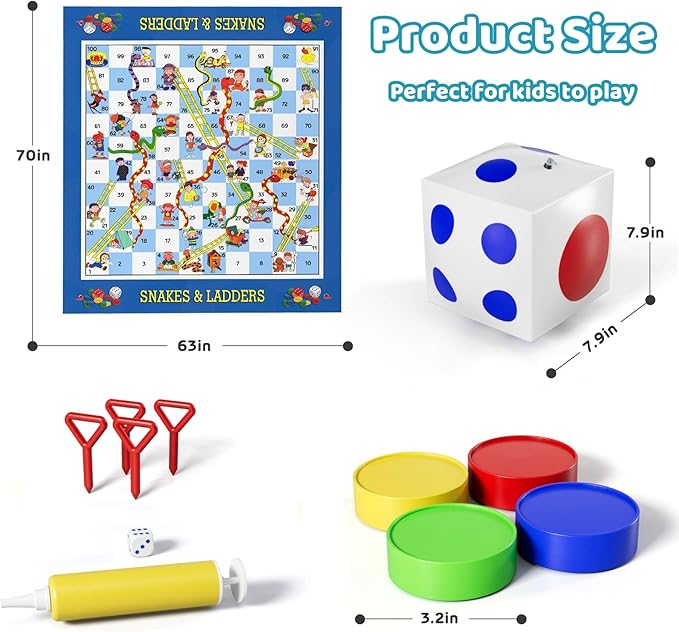 Big Snakes and Ladders Board Game for Kids Adults - Indoor Outdoor Board Game Set with 70" Playing Mat, Inflatable Dice, Chess Pieces & Dice, Educational Toy Birthday Gift for Boys Girls Ages 3 and Up