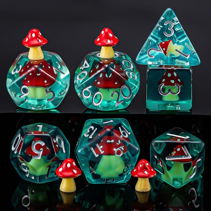 DND Resin Mushroom Dice Set, D&D Polyhedral Dice for Dungeons and Dragons RPG, MTG Role Playing Games D and D Dice 7pc D20 D12 D10 D8 D6 D4