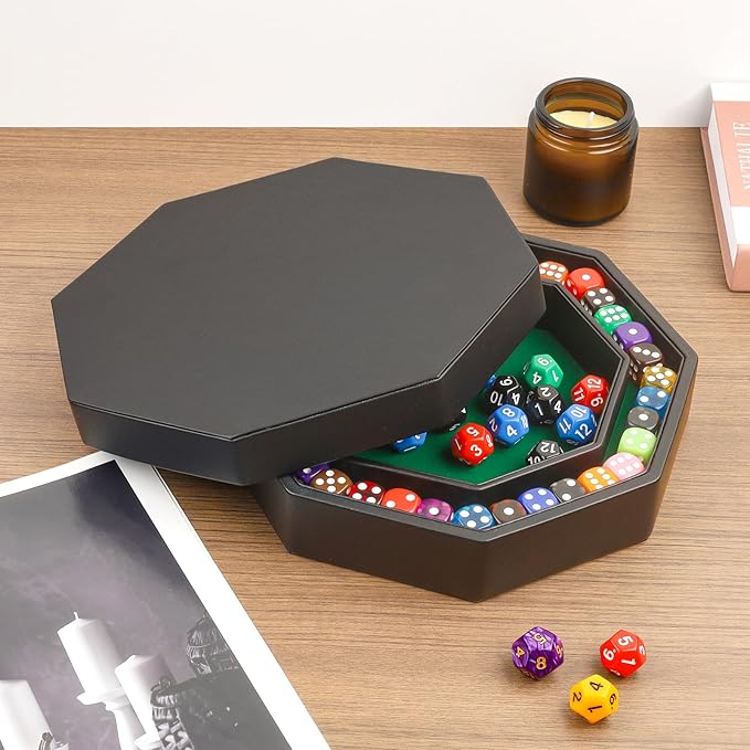 Dice Tray With Lid for Board Games, Green Felt Lined PU Leather Octagon Rolling Tray and Box Storage