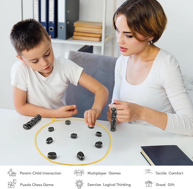 Magnetic Chess Game with 24 Stones & Rope, Portable Strategy Game for Kids & Adults, Magnetic Chess Game with Stones, Family Party Game, Educational Puzzle Games