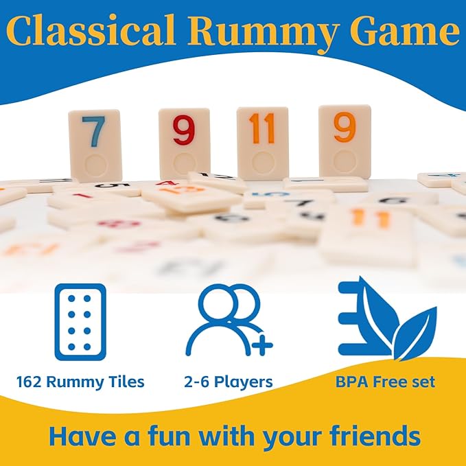 Upgraded Rummy Cube Game Set 6 Plays with 6 Wooden Racks & 162 Rummy Tiles | Portable Travel Case & Drawstring Bag & Beginner-Friendly Instruction | Family Board Game for Adults and Kids
