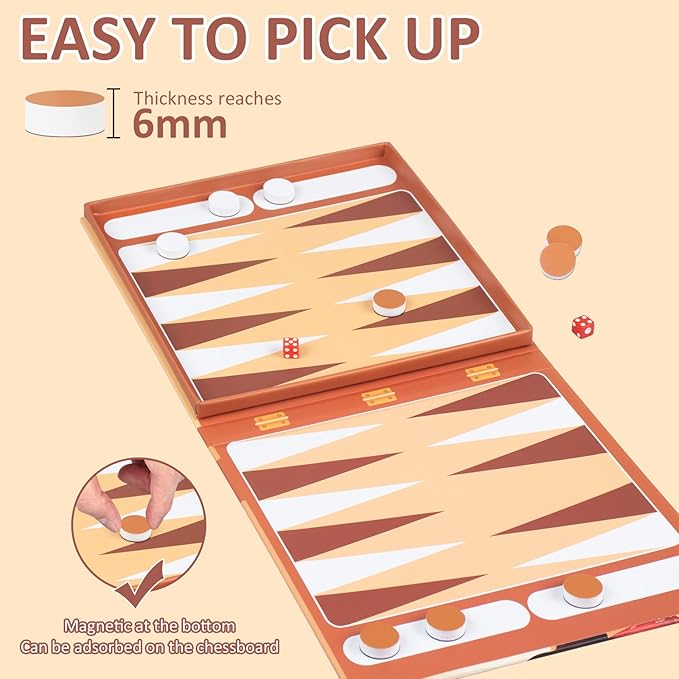 Backgammon Magnetic Travel Game for Kids, Portable Travel Strategy Board Game Sets,Magnetic Chess Pieces for Road Trip Family Board Game for Kid