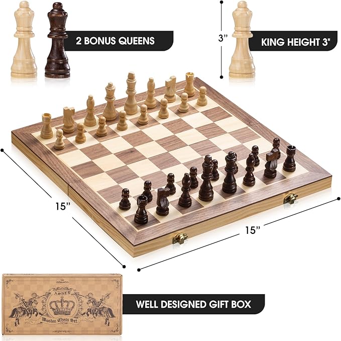 ASNEY Upgraded Magnetic Chess Set, 15" Tournament Staunton Wooden Chess Board Game Set with Magnets, Crafted Chesspiece ans Storage Slots for Kids Adult, Includes Extra Queens
