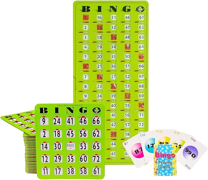 MR CHIPS Jam-Proof Bingo Cards with Sliding Windows, 25 Reusable Shutter Cards, 75 Calling Cards 1 Master Board in Green Style