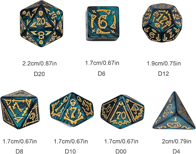 7-Die DND Dice Set Halloween Pattern Polyhedral Die Set with Leather Bag, Skull Dice D&D Die for Dungeons and Dragons RPG Table Games (Halloween Pattern-Green)