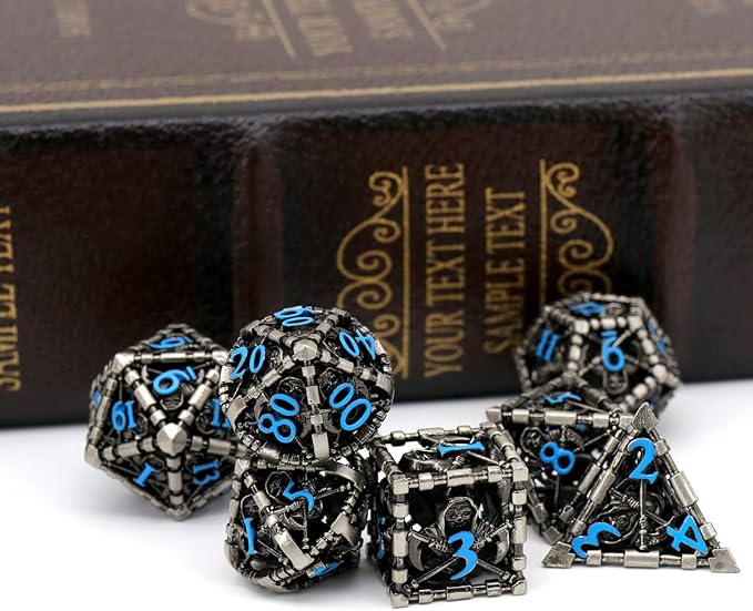 ZHOORQI DND Dice Set for Dungeons and Dragons, 7 Pcs/Set Grim Reaper Metal Dice Set Polyhedral RPG D&D Dice for DND Gifts（S-Blue Number）