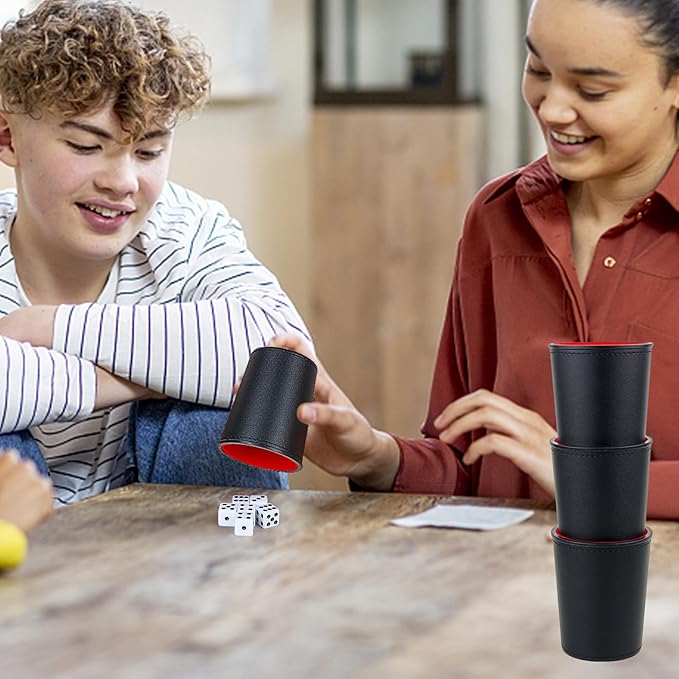 Felt-Lined PU Leather Dice Cup Set, 6 Quiet Dice Shaker Cups with 36 Dices for Bar Party Yahtzee Farkle Dice Games, Red and Black