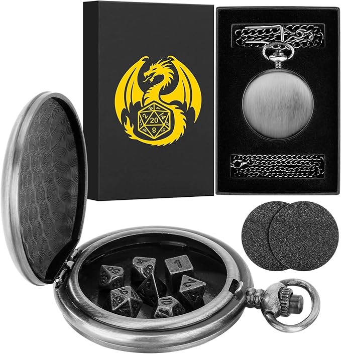 Mini DND Dice Set with Smooth Pocket Watch Shell Case, 7pcs Polyhedral Metal D&D Dice Accessories, DND Gifts with Box for Player, Role Playing Board Games Accessories, DND Gifts, Dark Silver