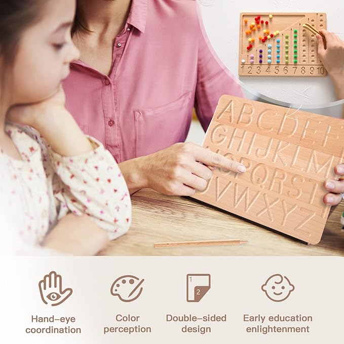 bopoobo Wooden Double-Sided Bead Board with Wooden Alphabet Tracing Board Montessori Color Sorting Toy Math Counting Game for Kids Letter Tracing for Kids Ages 3-5 - Learn to Write
