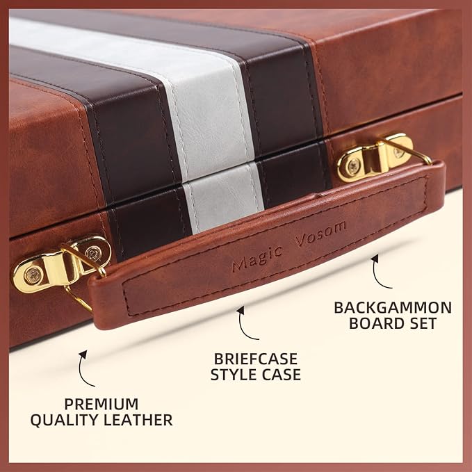 Travel Medium 15 Inch Backgammon Brown Sets Classic Board Game with Premium Leather Case, Portable Travel Strategy Backgammon Game Sets for Adults, Kids (Brown,Medium)