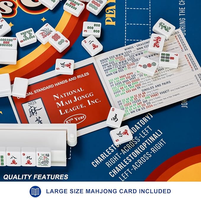 Mahjong Mat with Rules for Table,Travel Mahjong Set,Non-Slip and Silent,Comes with 2 Dice and 1 Coral Velvet Mahjong Mat Storage Bag,Mahjong Cards 2025(Blue)