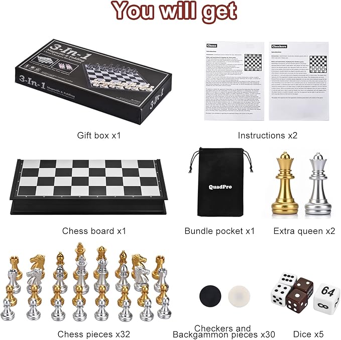 3 in 1 Magnetic Chess Checkers Backgammon Board Game Set with Folding Board Travel Games for Kids and Adults (Chess: Gold & Silver)