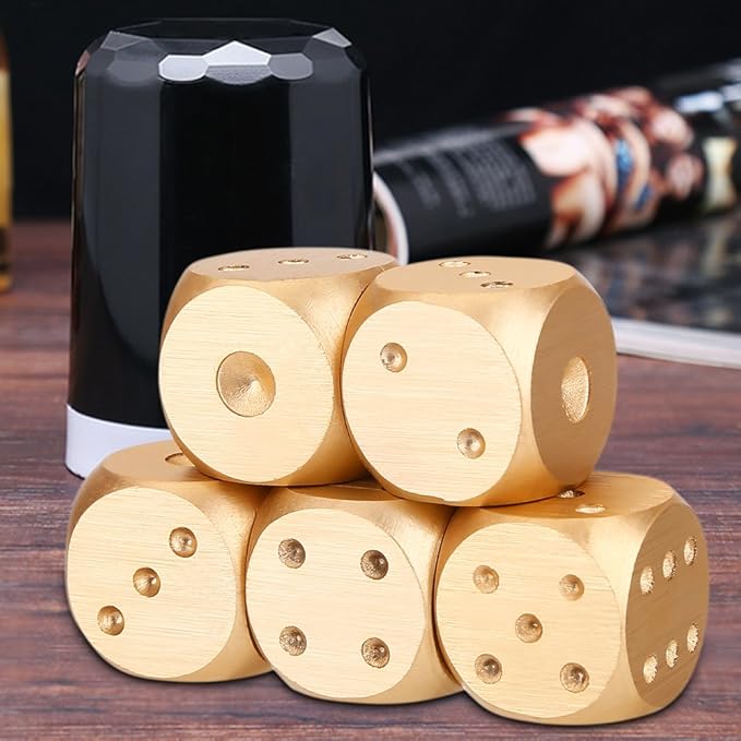 Precision Aluminum Alloy Dice Solid Metal Dice Set Table Game Dice Poker Games Dices Set with Case 5pcs (Gold Square Box) Black and Gold dice