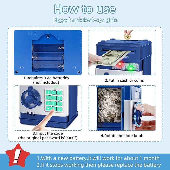Piggy Bank for Kids, Money Bank Toys for Ages 6 7 8 10 11 12 13, Electronic Cash Coin Money Saving Box， Birthday for 8 9 10 Year Old Boys Girls