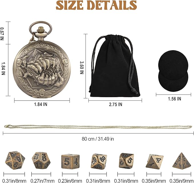 D&D Dice Set,7PCS Metal Dice for Dungeons and Dragons,Mini Dice Set with Pocket Watch Case,Role Playing Board Games Accessories (Monster, Bronze)