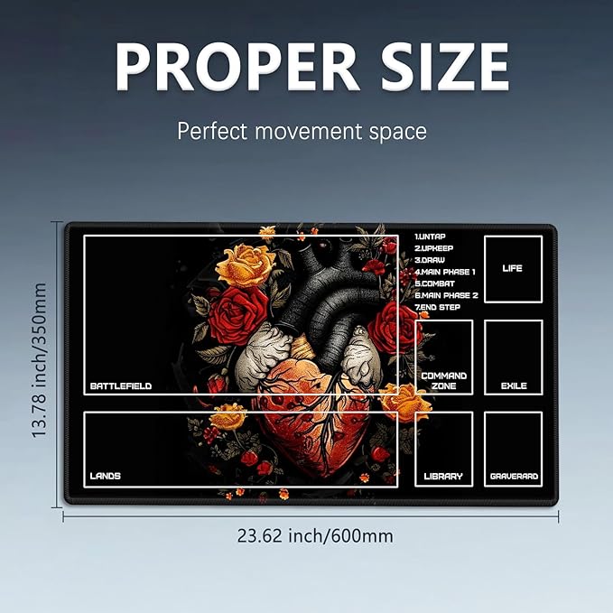 MTG Playmat Size 23.6x13.8in with Storage Bags Portable Playmat TCG and Board Game Mat for Cards Rubber Base Slip-Resistant Mousepad Desk Mat (Floral Heart,with Zone)